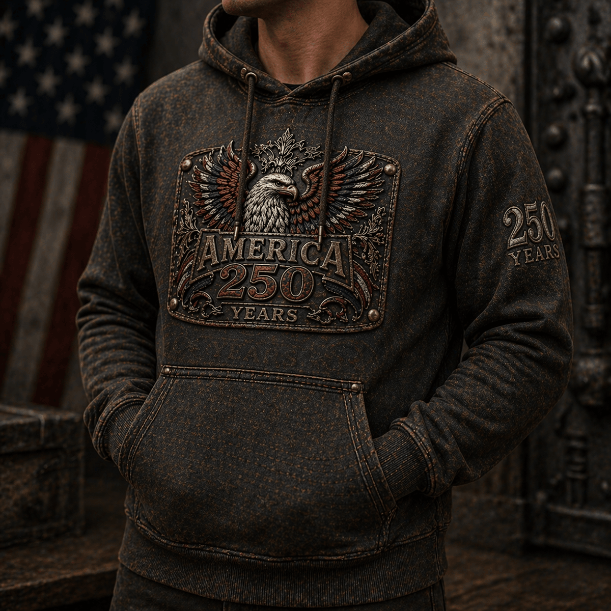 America 250 Years Eagle USA Flag Printed Hoodie Vintage Style 1776 2026 Anniversary Patriotic Gift Idea Father’s Day