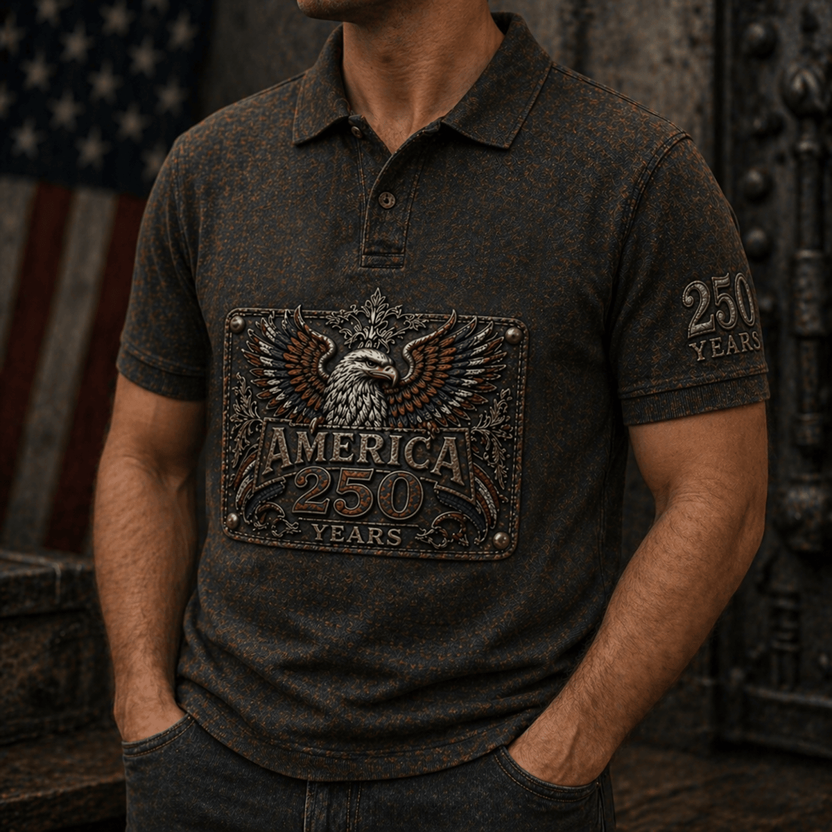 America 250 Years Eagle USA Flag Printed Polo Shirt Vintage Style 1776 2026 Anniversary Patriotic Gift Father’s Day