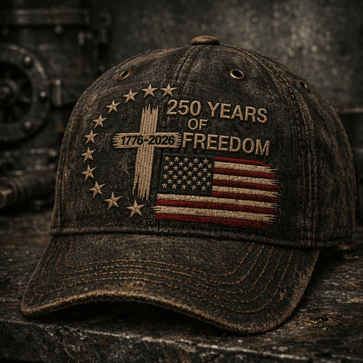 250 Years of Freedom 1776 2026 Cross USA Flag Printed Cap Father Day Gift Christian Patriotic American Vintage Style Hat