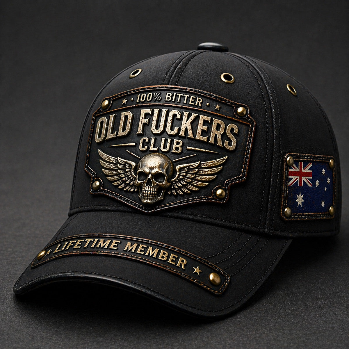 Old Fuckers Club Skull Wings Australia Flag Printed Cap Father Day Gift Funny Quote Vintage Style Hat for Dad Biker Humor Design