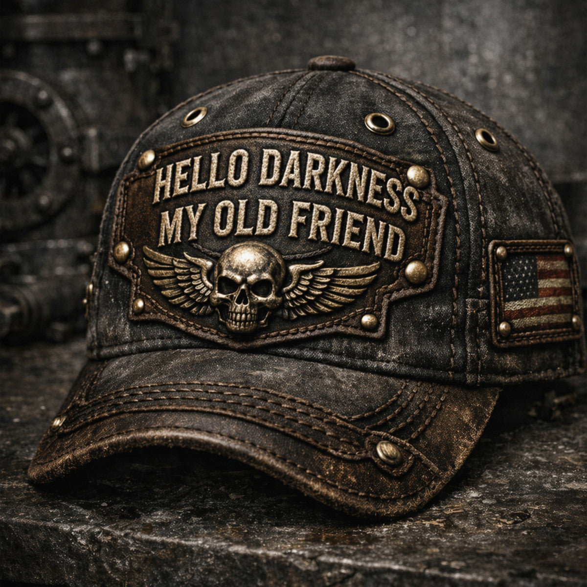Hello Darkness My Old Friend Skull Wings USA Flag Printed Cap Father Day Gift Funny Quote Vintage Style Hat for Dad Biker Design