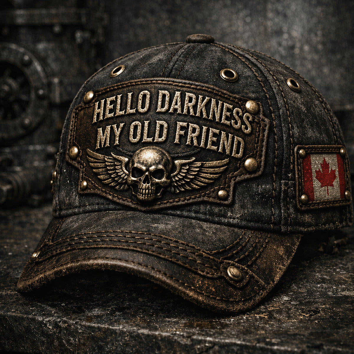 Hello Darkness My Old Friend Skull Wings Canada Flag Printed Cap Father Day Gift Funny Quote Vintage Style Hat for Dad Biker Design