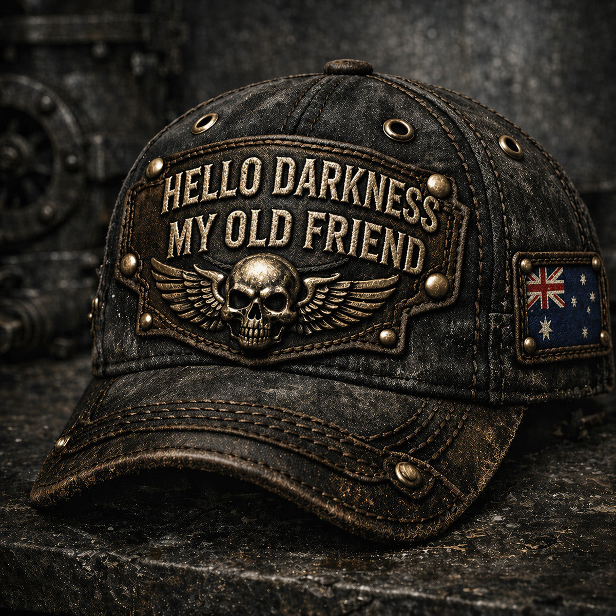 Hello Darkness My Old Friend Skull Wings Australia Flag Printed Cap Father Day Gift Funny Quote Vintage Style Hat for Dad Biker Design