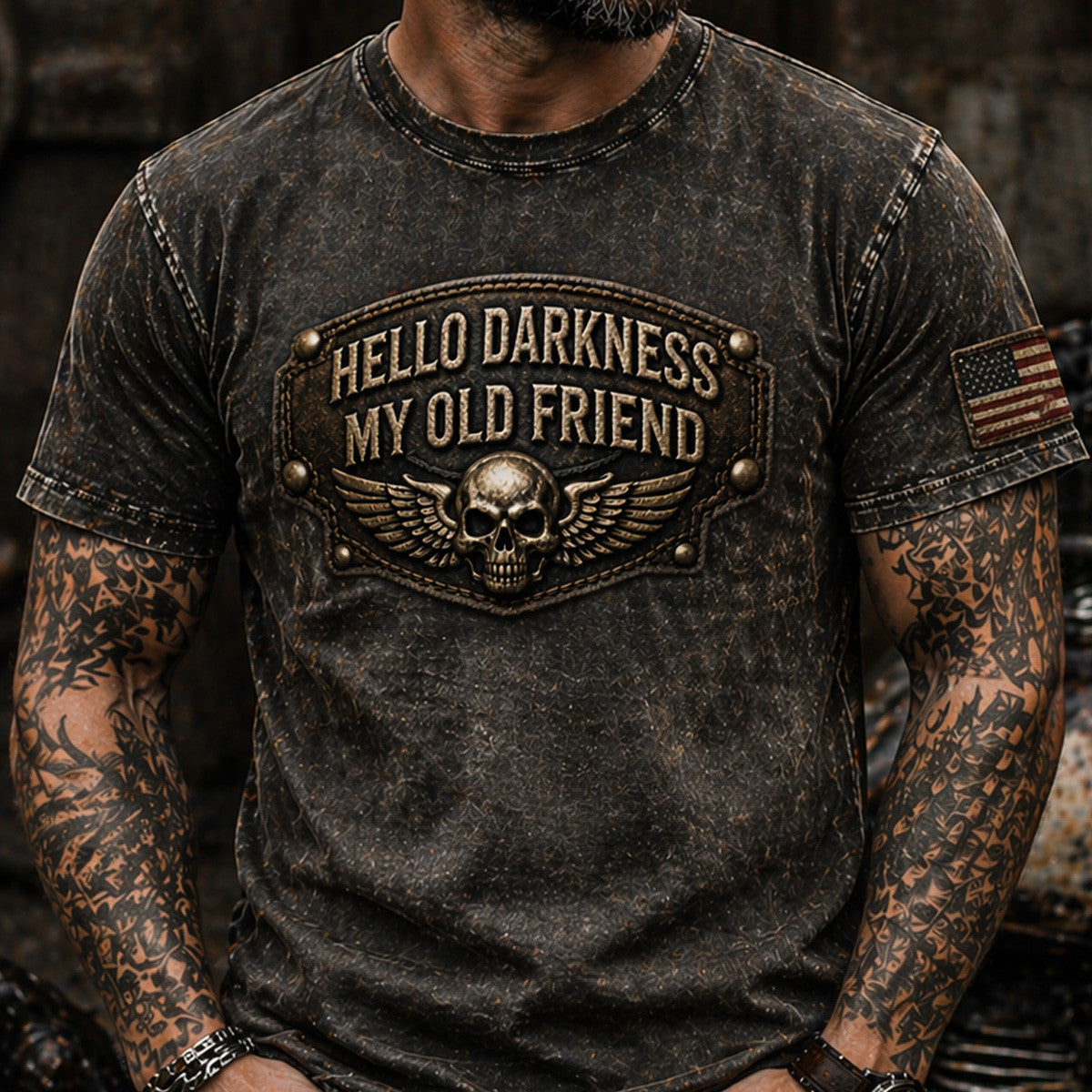 Hello Darkness My Old Friend Skull Wings USA Flag Printed T Shirt Father Day Gift Funny Quote Vintage Style for Dad Biker Design