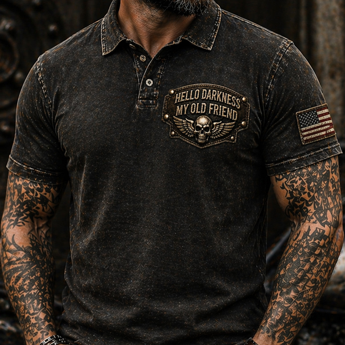 Hello Darkness My Old Friend Skull Wings USA Flag Printed Polo Shirt Father Day Gift Funny Quote Vintage Style for Dad Biker Design