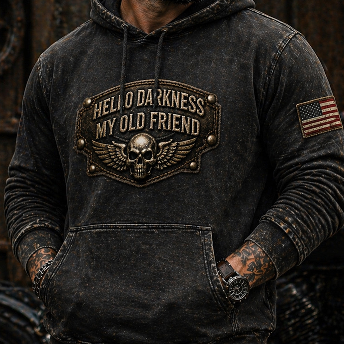 Hello Darkness My Old Friend Skull Wings USA Flag Printed Hoodie Father Day Gift Funny Quote Vintage Style for Dad Biker Design