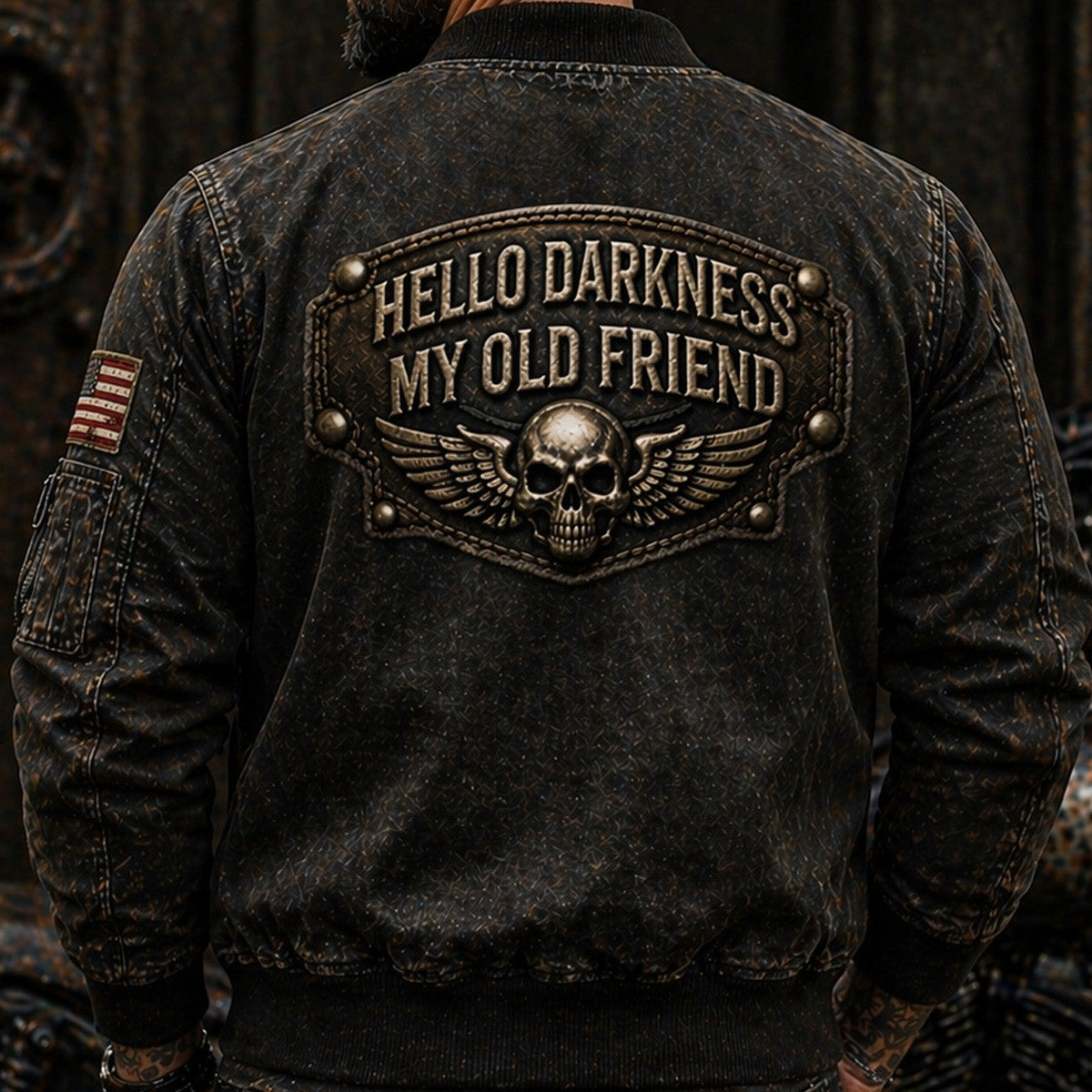 Hello Darkness My Old Friend Skull Wings USA Flag Printed Bomber Jacket Father Day Gift Funny Quote Vintage Style for Dad Biker Design