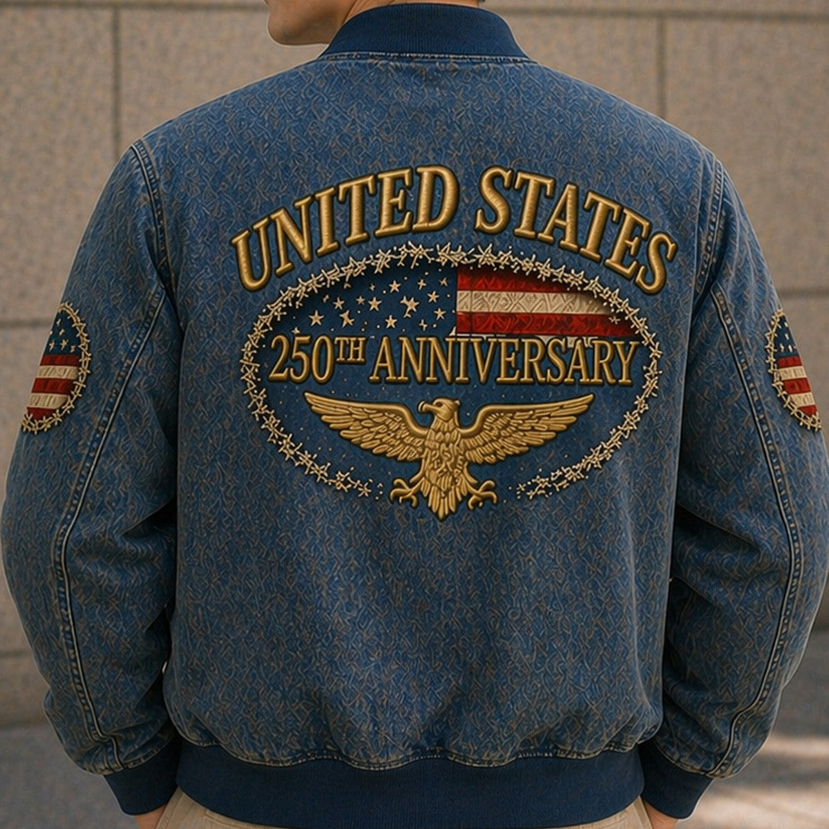 United States 250th Anniversary USA Flag Eagle Printed Bomber Jacket Father Day Gift Patriotic Vintage Style American Flag Design