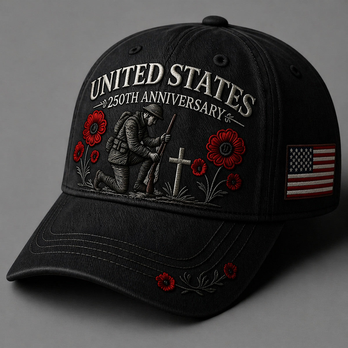 United States 250th Anniversary Soldier Cross Poppy Printed Cap Patriotic Memorial Gift Father’s Day USA Flag Veteran Tribute Hat