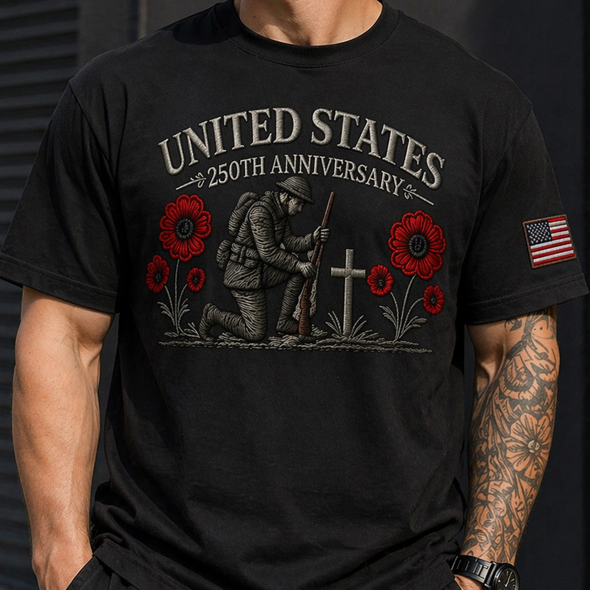 United States 250th Anniversary Soldier Cross Poppy Printed T Shirt Patriotic Memorial Gift Father’s Day USA Flag Veteran Tribute
