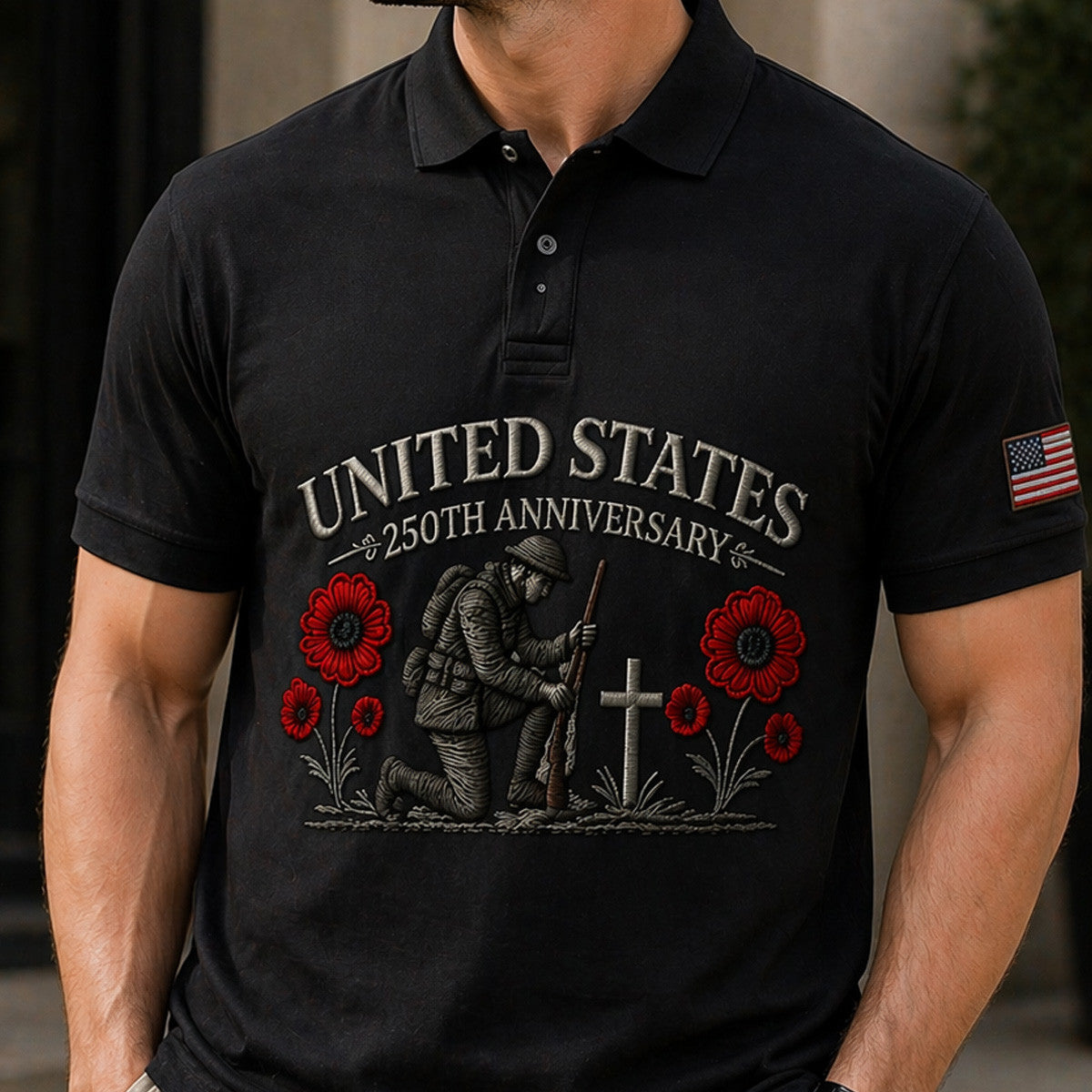 United States 250th Anniversary Soldier Cross Poppy Printed Polo Shirt Patriotic Memorial Gift Father’s Day USA Flag Veteran Tribute