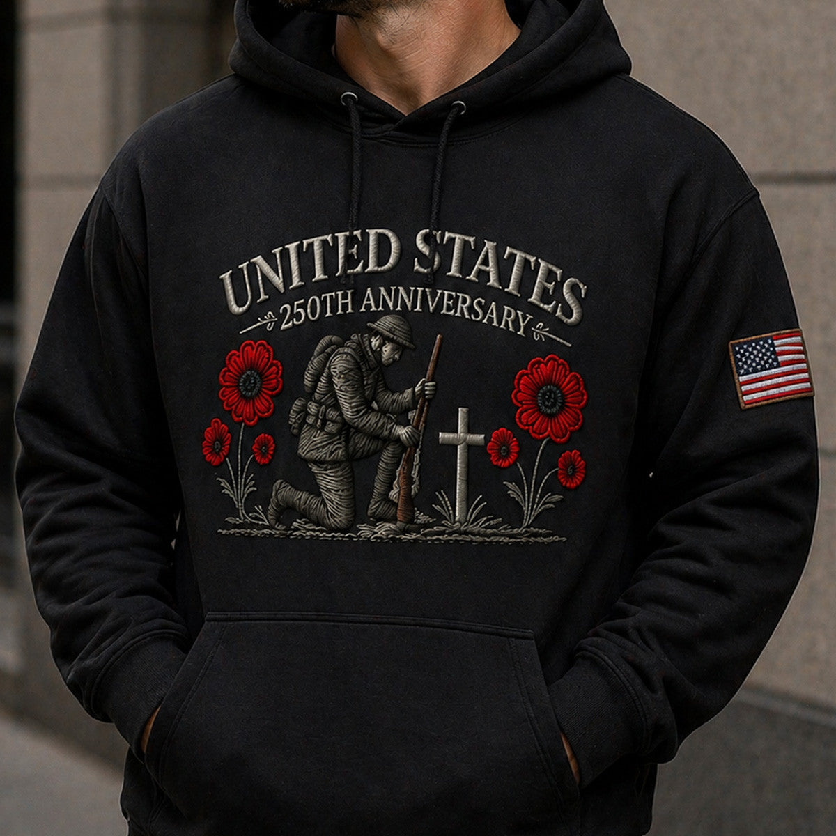 United States 250th Anniversary Soldier Cross Poppy Printed Hoodie Patriotic Memorial Gift Father’s Day USA Flag Veteran Tribute