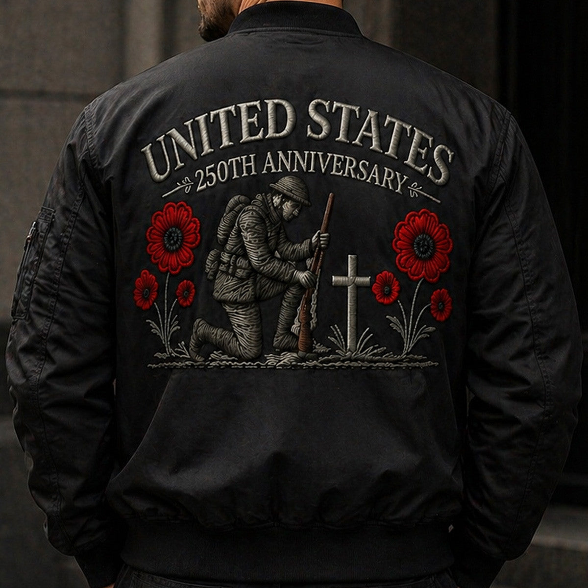 United States 250th Anniversary Soldier Cross Poppy Printed Bomber Jacket Patriotic Memorial Gift Father’s Day USA Flag Veteran Tribute