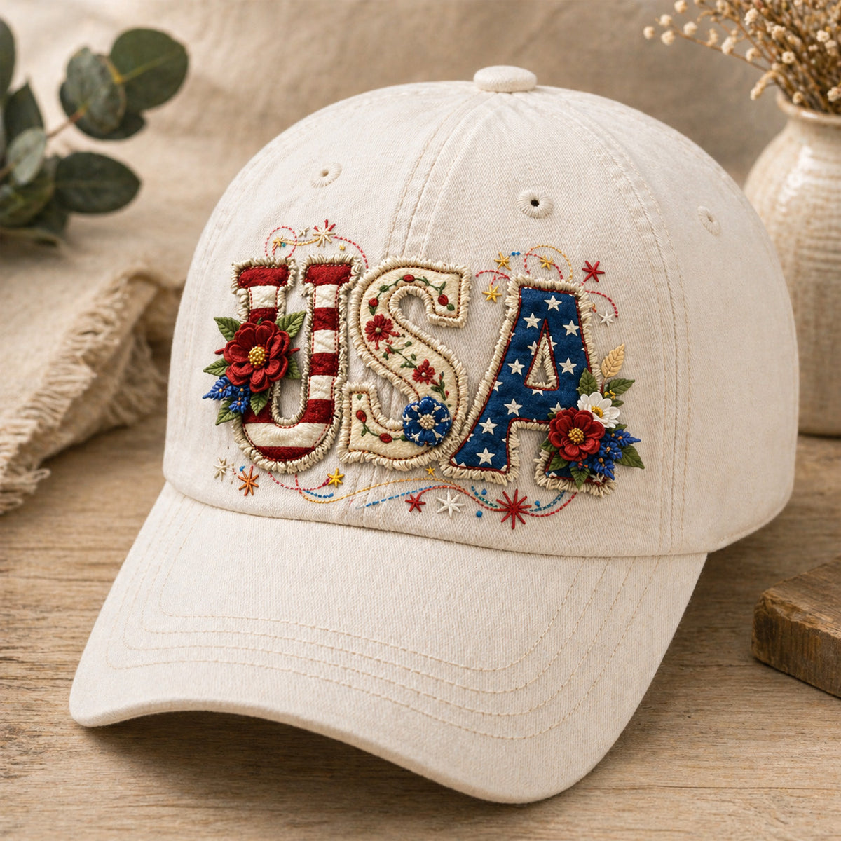 USA Letter Floral Flag Printed Cap Cream Color Patriotic America Hat Gift for Dad Father’s Day 4th of July US Flag Design