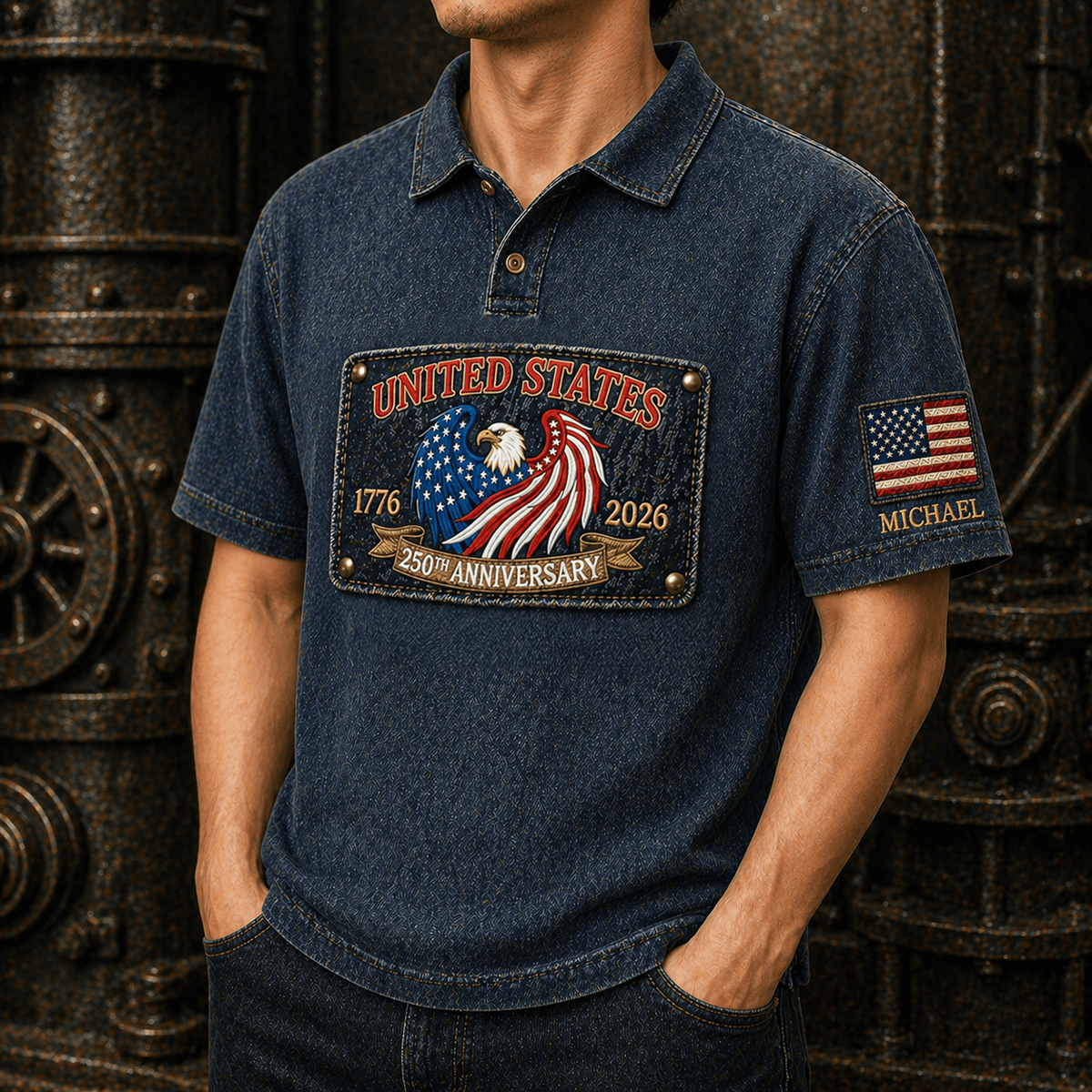 Custom Name United States 250th Anniversary 1776 2026 Printed Polo Shirt Patriotic American Flag Shirt USA Independence Day
