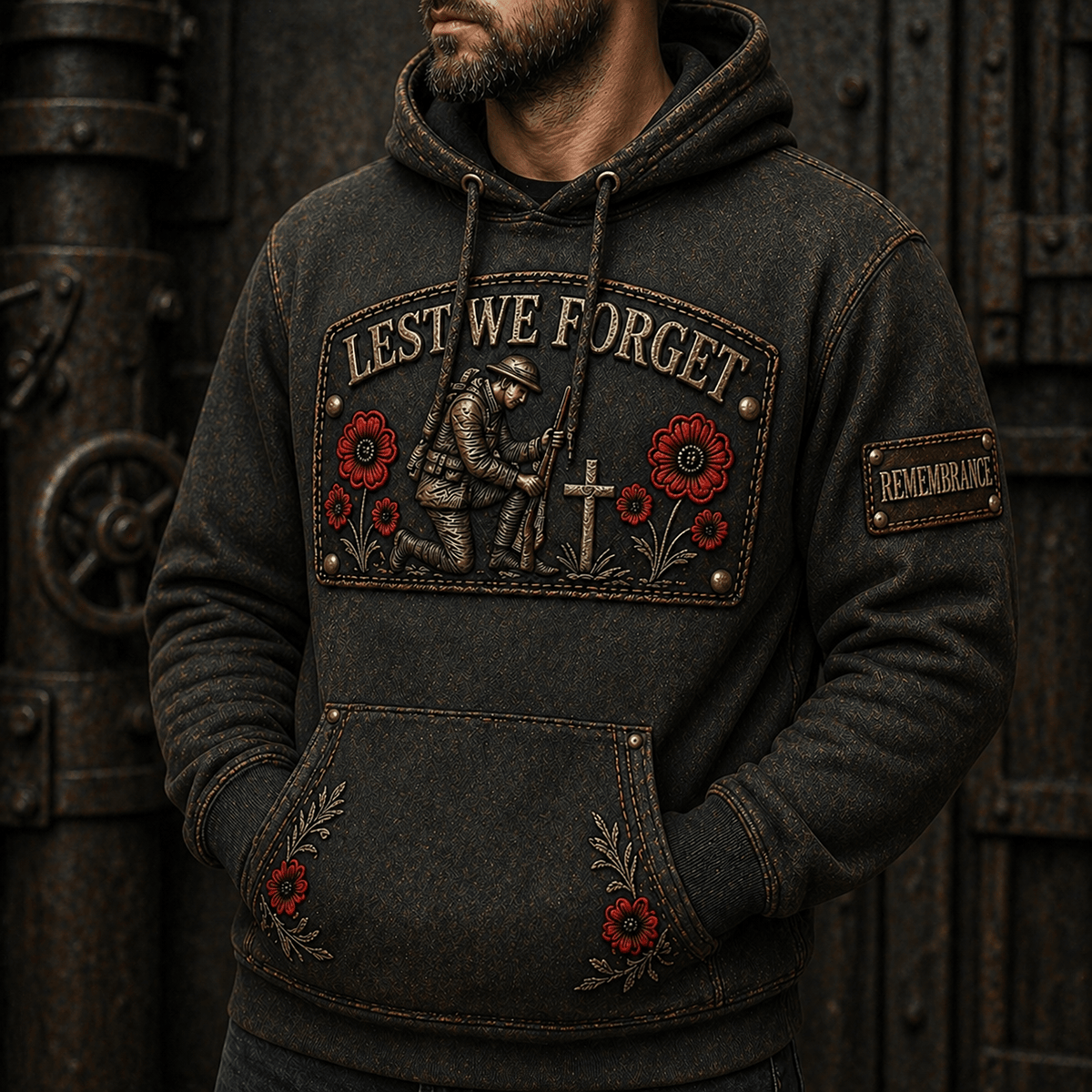 Lest We Forget Printed Hoodie Memorial Day Hoodie Military Veteran Gift for Men Veterans Day Remembrance Hoodie