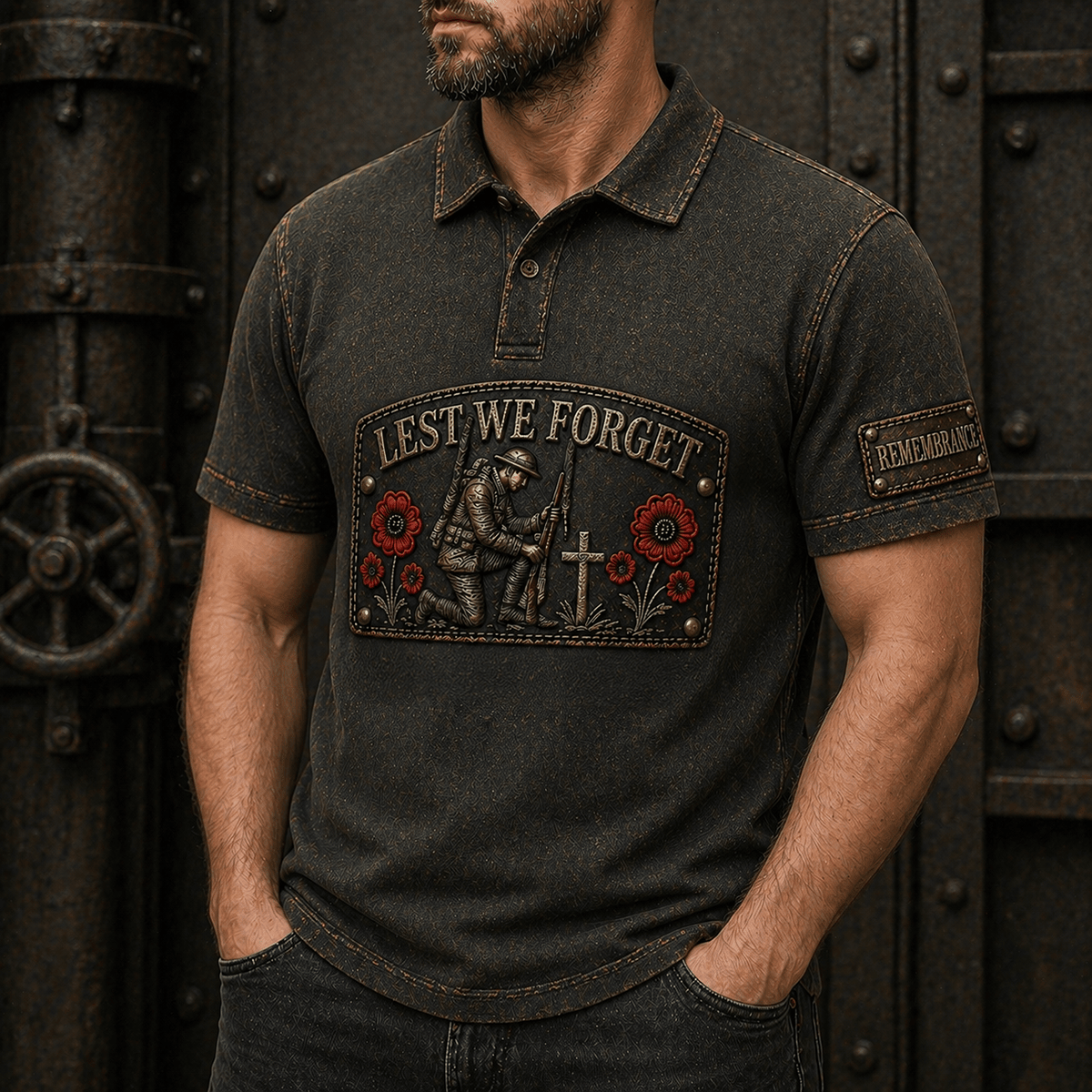 Lest We Forget Printed Polo Shirt Memorial Day Shirt Military Veteran Gift for Men Veterans Day Remembrance Shirt