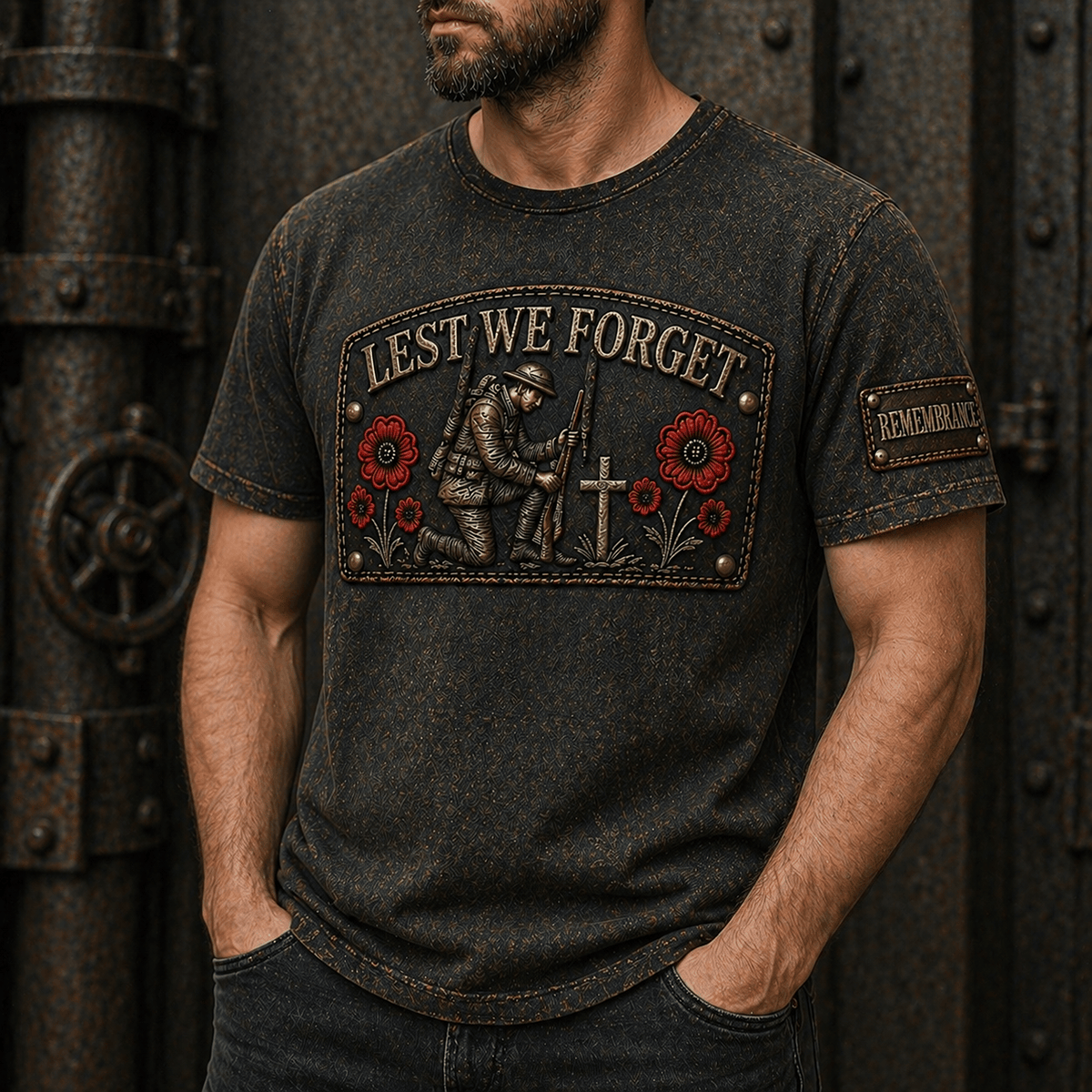 Lest We Forget Printed T Shirt Memorial Day Shirt Military Veteran Gift for Men Veterans Day Remembrance Shirt