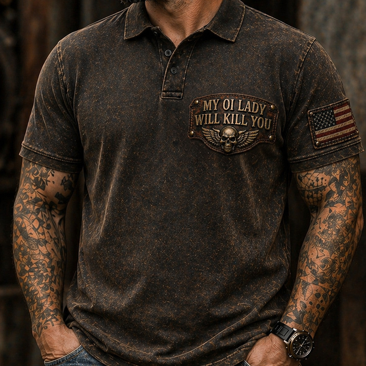 My Ol Lady Will Kill You Printed Polo Shirt Funny Biker Shirt Gift for Men Motorcycle Rider Shirt USA Flag Shirt