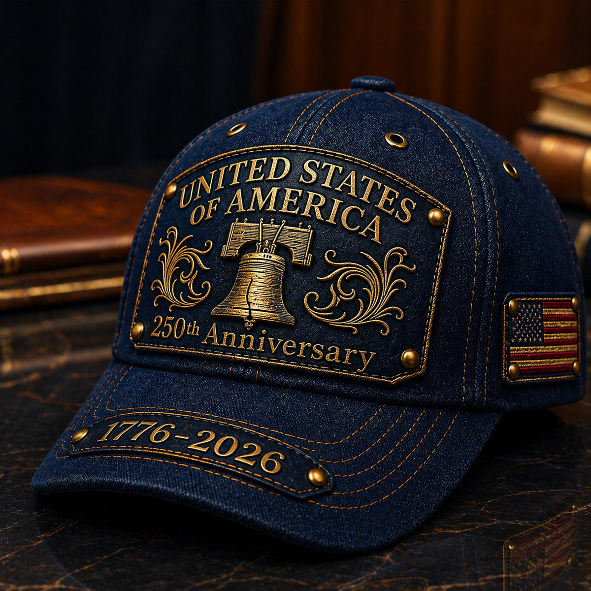 Navy United States 250th Anniversary Printed Cap, 1776-2026 Liberty Bell Hat, Father's Day Gift for Dad Grandpa Baseball Cap