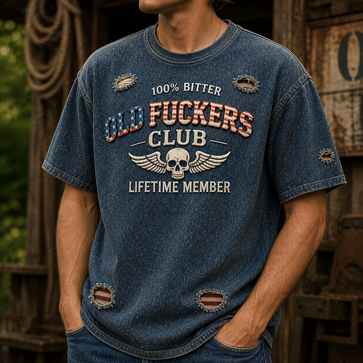 Old Fuckers Club Printed T-Shirt for Men, Vintage Skull Design, Father's Day Gift for Dad Grandpa, Patriotic Biker Graphic Tee