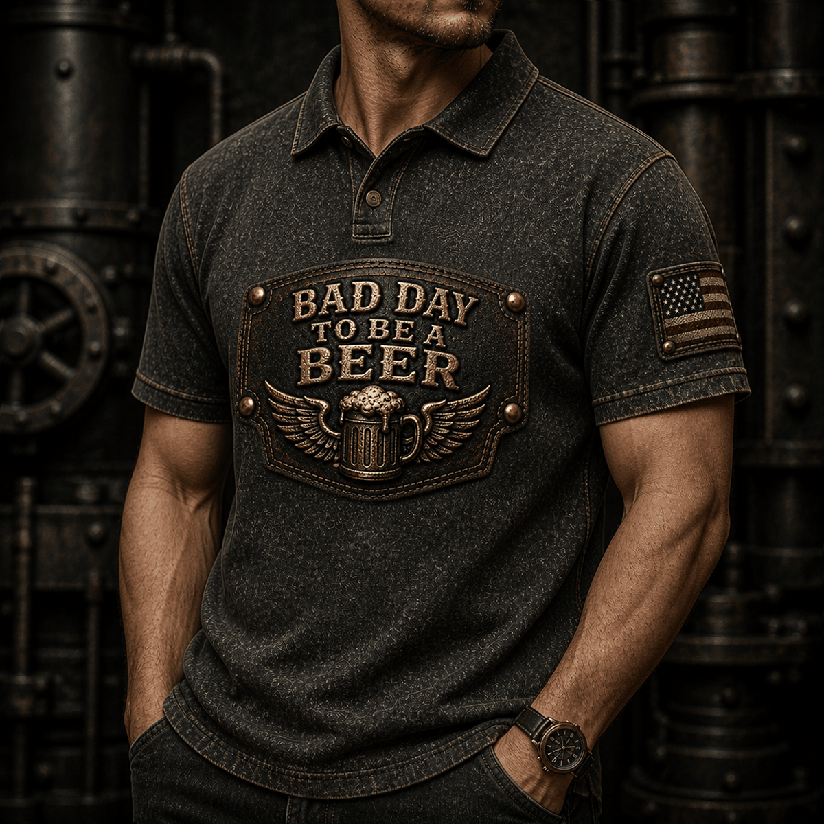 Bad Day To Be A Beer Printed Polo Shirt, Funny Beer Gift for Men, Father's Day Gift for Dad Grandpa, Vintage Patriotic Top
