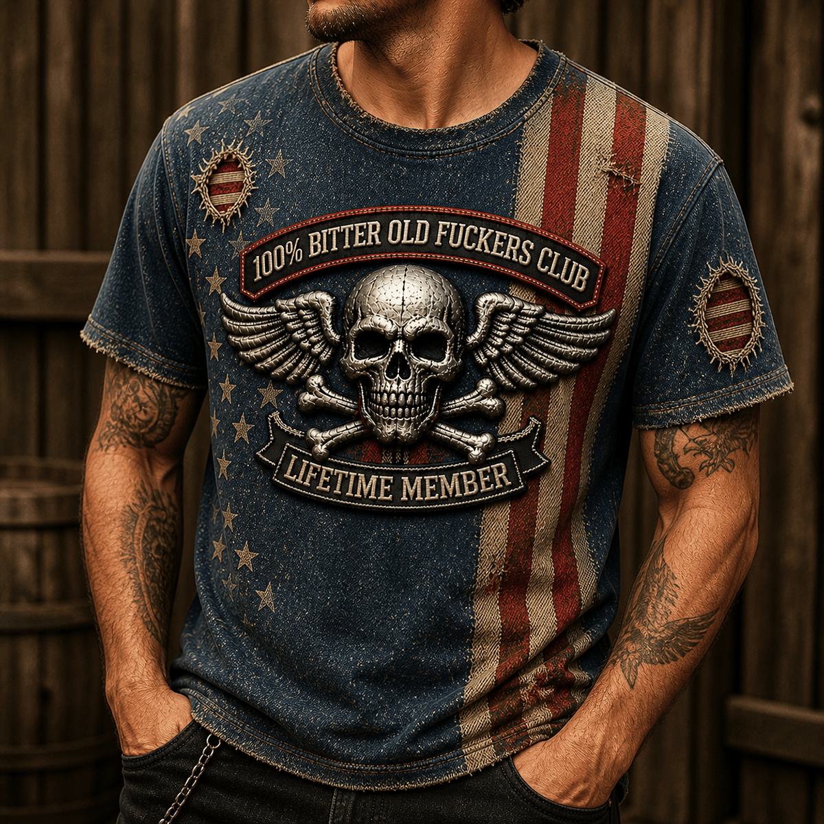 Bitter Old Fuckers Club Printed T-Shirt, Skull Wing Design for Men, Father’s Day Gift for Dad Grandpa, Patriotic Vintage Tee