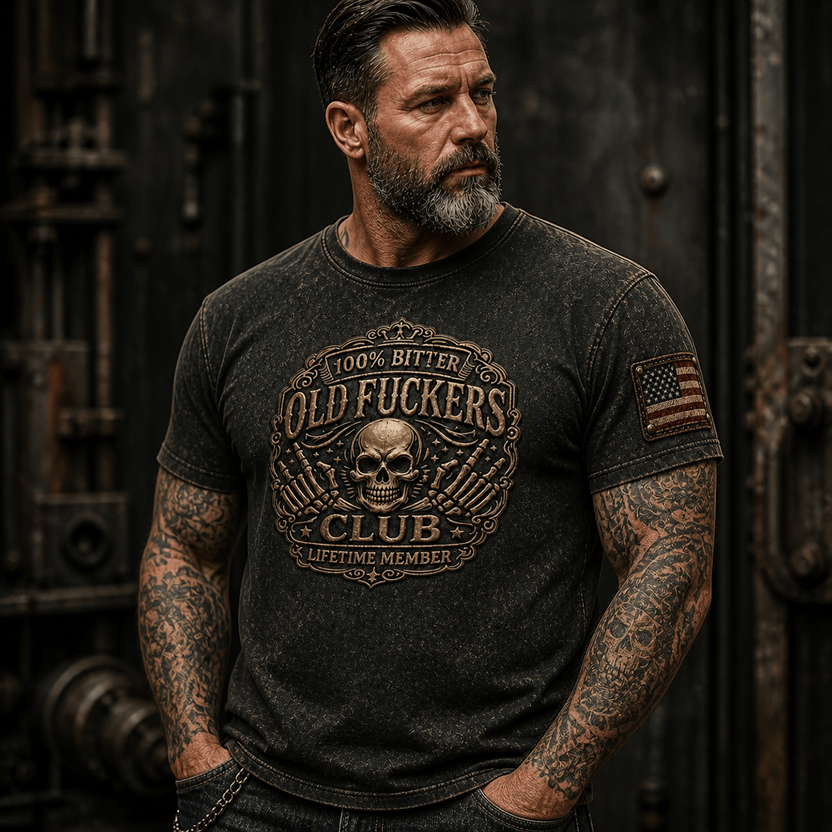 Bitter Old Fuckers Club Printed T-Shirt, Skull Design for Men, Father's Day Gift for Dad Grandpa, Patriotic Vintage Tee