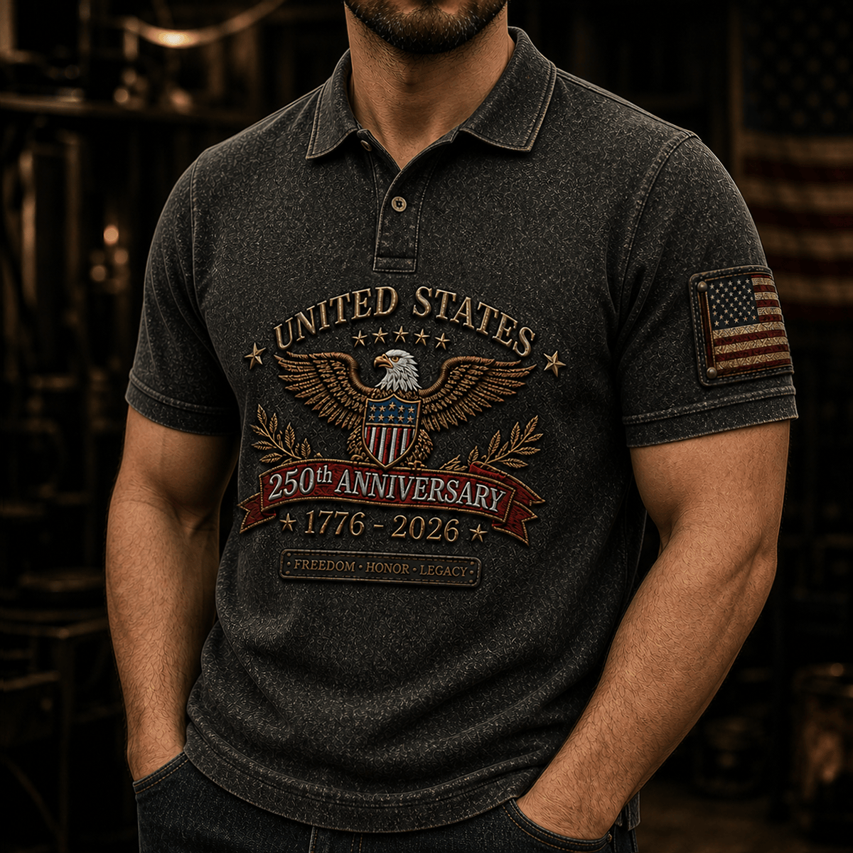 United States 250th Anniversary Printed Polo Shirt, Eagle Flag 1776 2026 Design for Men, Father’s Day Gift for Dad Grandpa