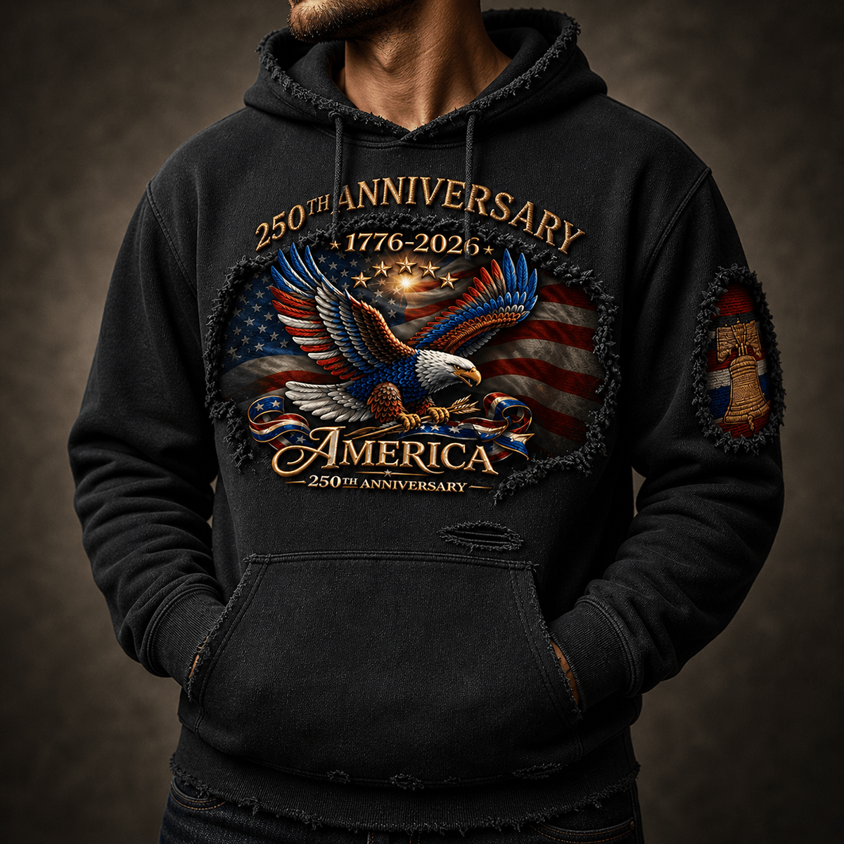 America 250th Anniversary Printed Hoodie, 1776-2026 Eagle Flag Design, Father's Day Gift for Dad Grandpa, Patriotic USA Hoodie