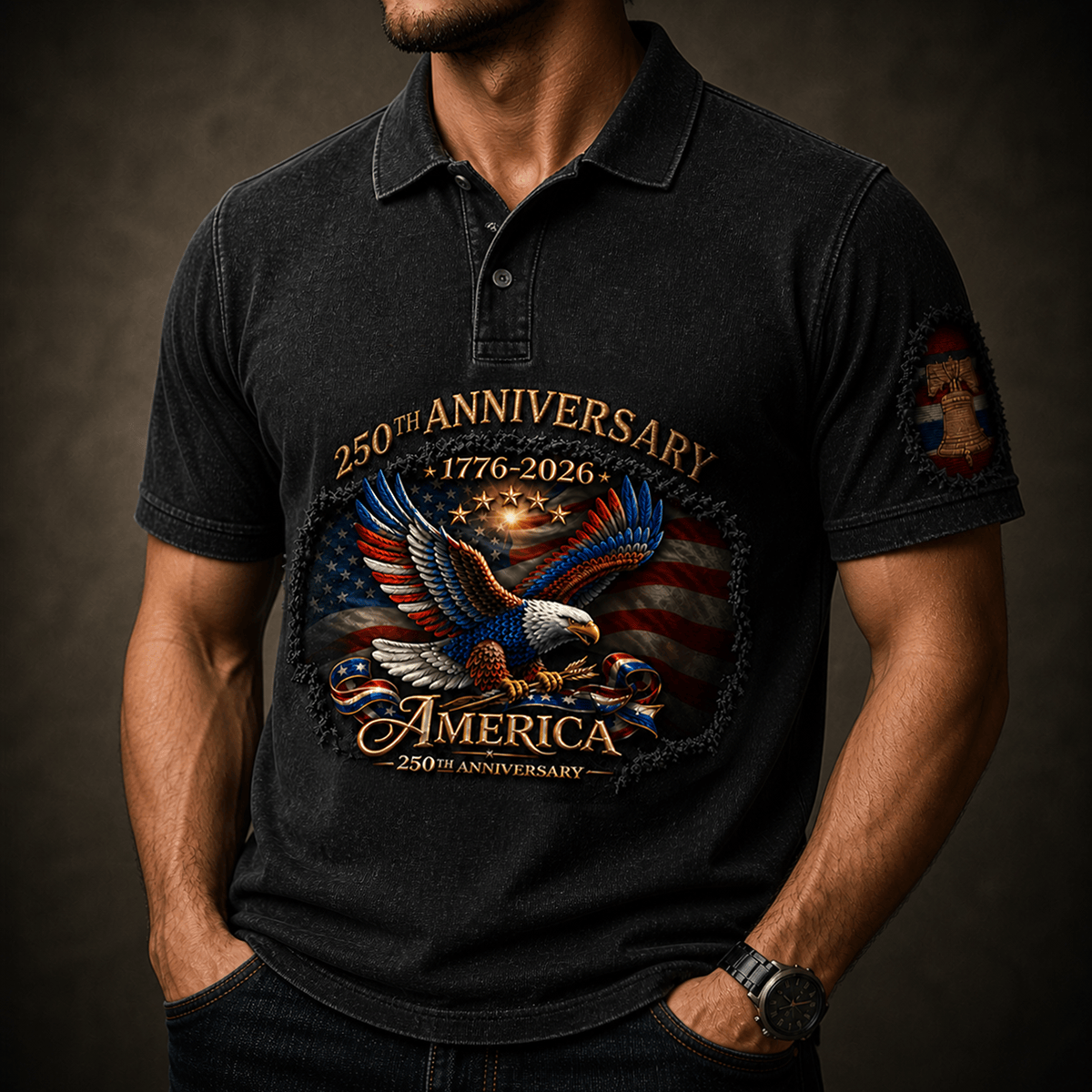 America 250th Anniversary Printed Polo Shirt, 1776-2026 Eagle Flag Design, Father's Day Gift for Dad Grandpa, Patriotic USA Top