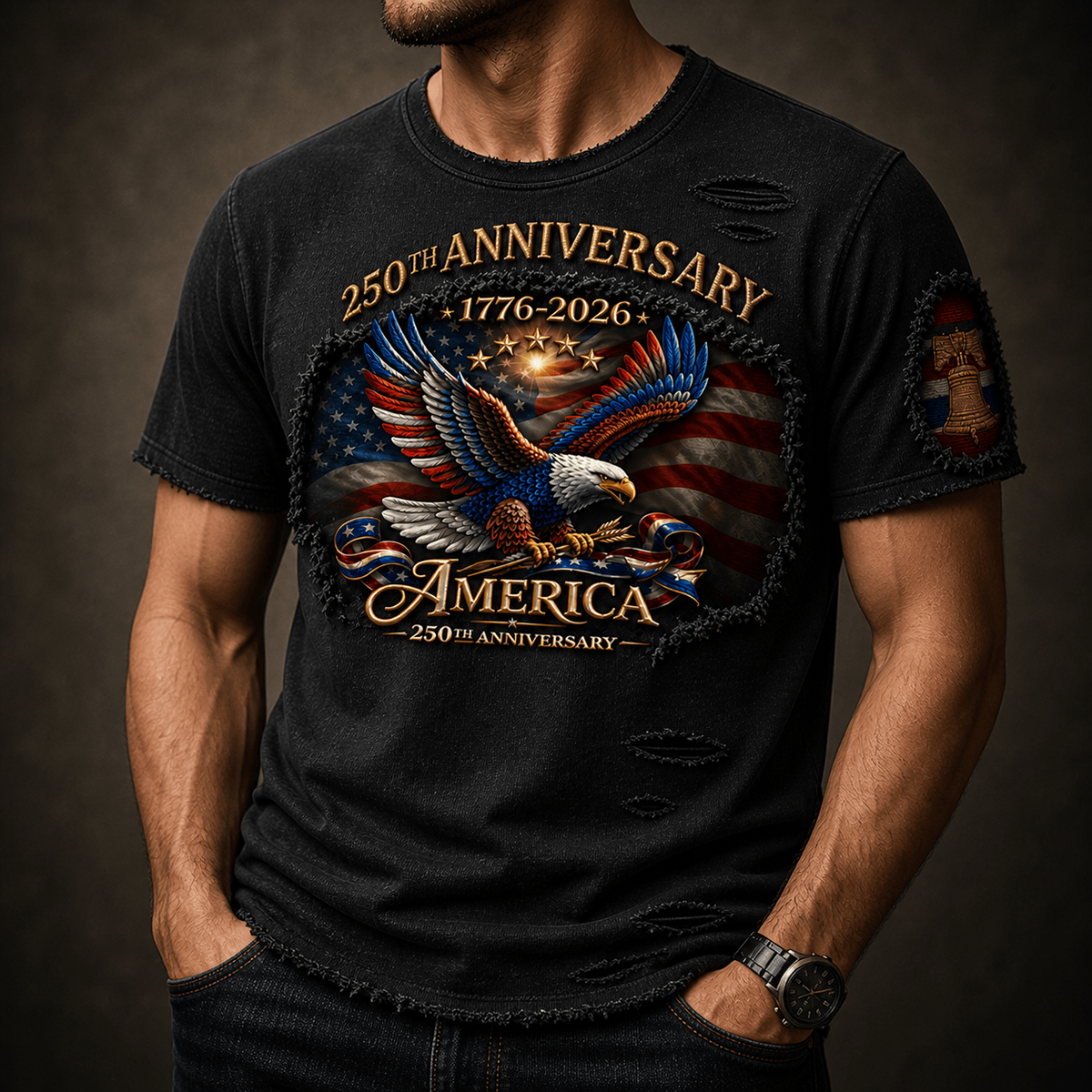 America 250th Anniversary Printed T-Shirt, 1776-2026 Eagle Flag Design, Father's Day Gift for Dad Grandpa, Patriotic USA Tee