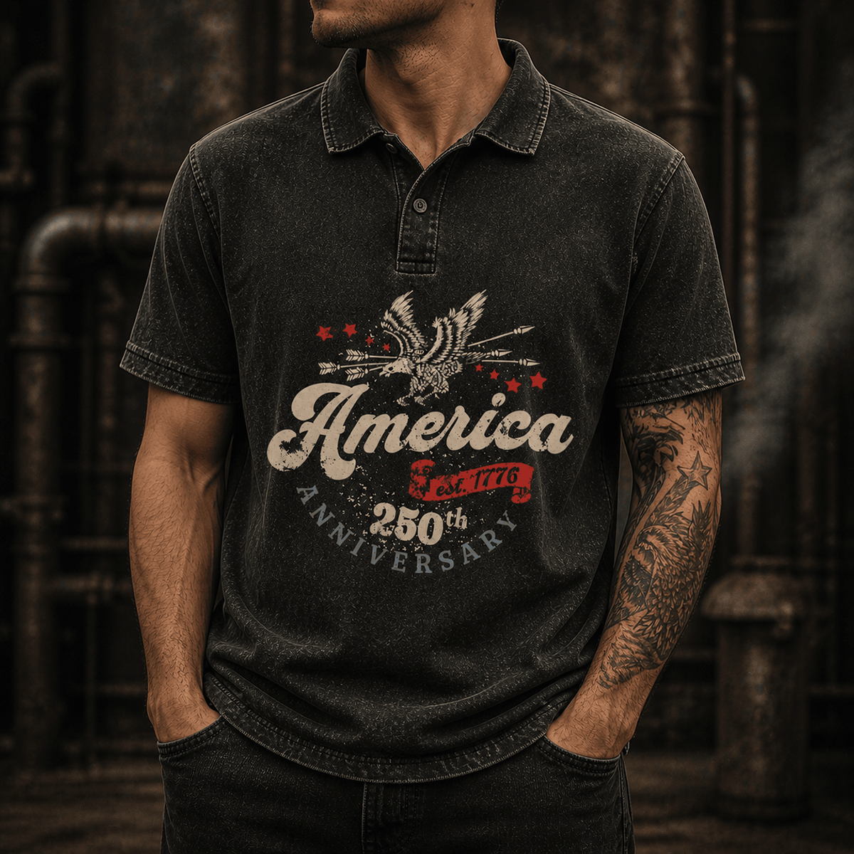 America 250th Anniversary Printed Polo Shirt, Est 1776 Eagle Design for Men, Father's Day Gift for Dad Grandpa, Patriotic Top
