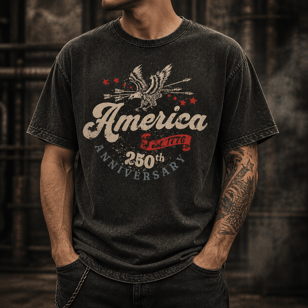 America 250th Anniversary Printed T-Shirt, Est 1776 Eagle Design for Men, Father's Day Gift for Dad Grandpa, Patriotic Tee
