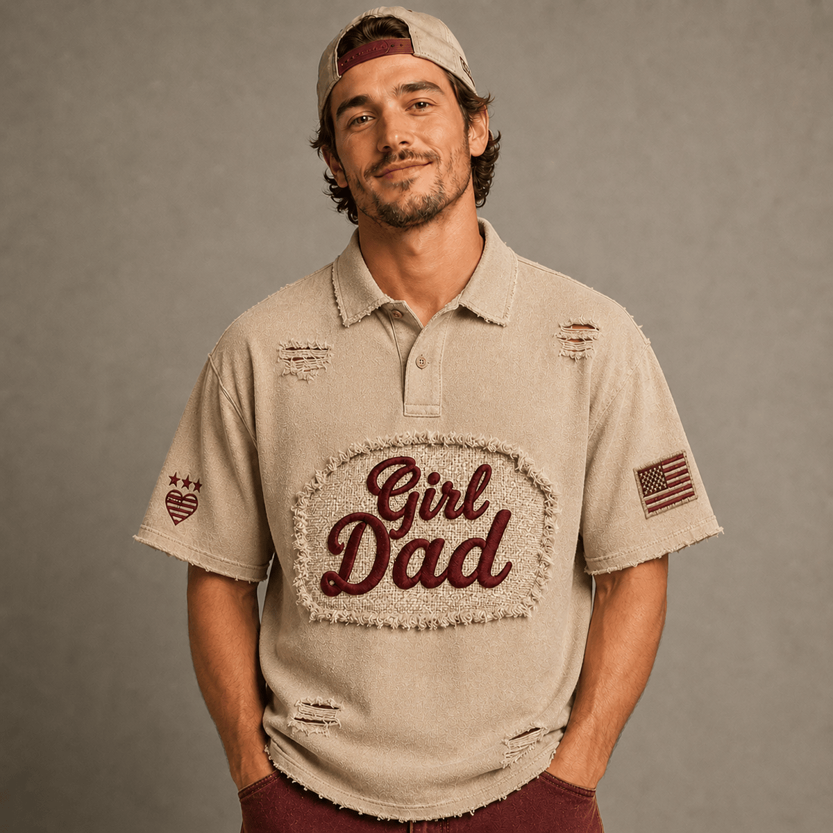 Girl Dad Printed Polo Shirt, Proud Dad Gift from Daughter, Father’s Day Gift for Dad, Vintage Patriotic Top