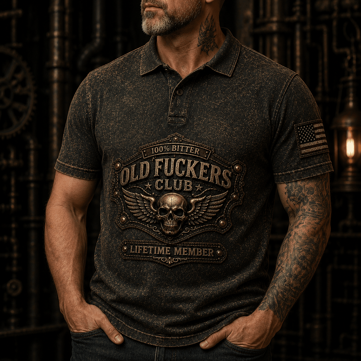 Bitter Old Club Printed Polo Shirt, Skull Lifetime Member Graphic, Father’s Day Gift for Dad Grandpa, Funny Men’s Top