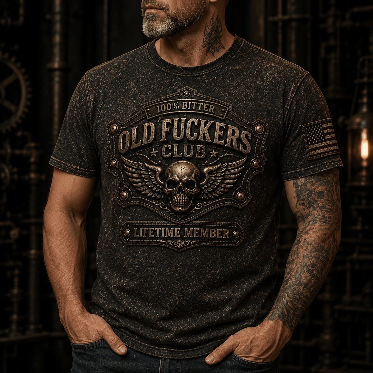 Bitter Old Club Printed T-Shirt, Winged Skull Lifetime Member Tee, Father’s Day Gift for Dad Grandpa, Funny Men’s Shirt