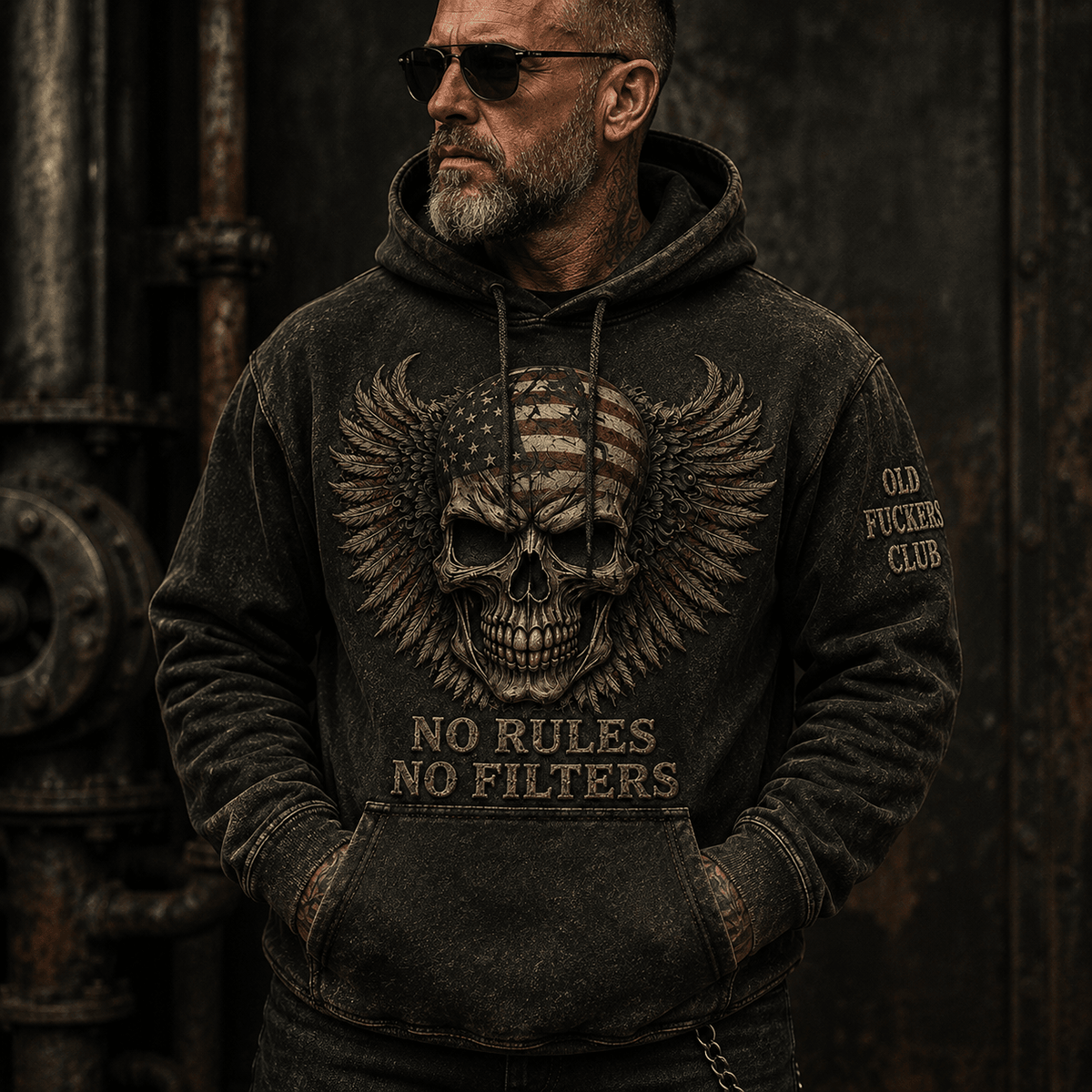 Old Fuckers Club Printed Hoodie, No Rules No Filters Skull Graphic, Father's Day Gift for Dad Grandpa, Rebel Biker Pullover
