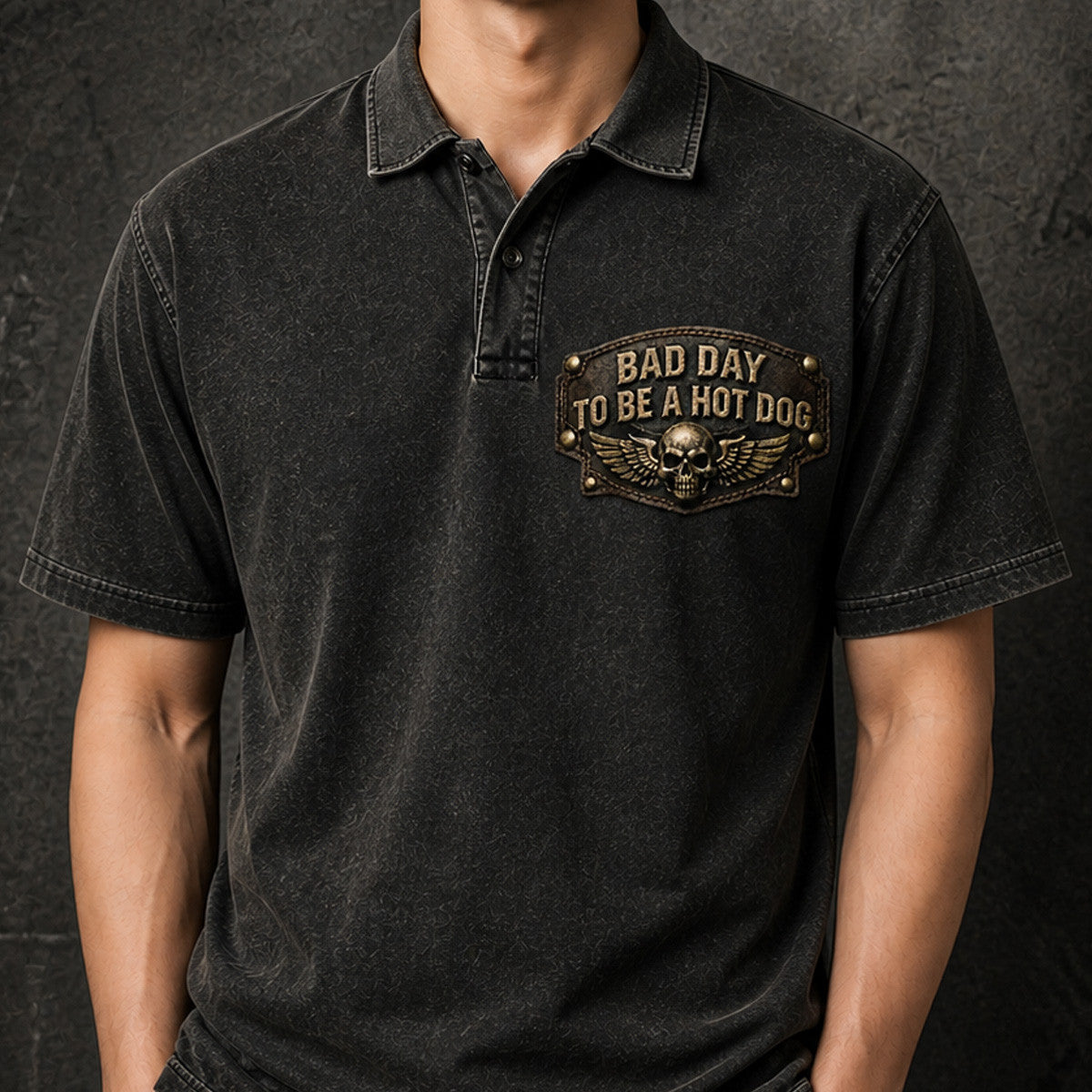 Bad Day To Be A Hot Dog Printed Polo Shirt For Men, Skull Graphic Men’s Polo, Funny Dad Gift, Father’s Day Gift For Dad