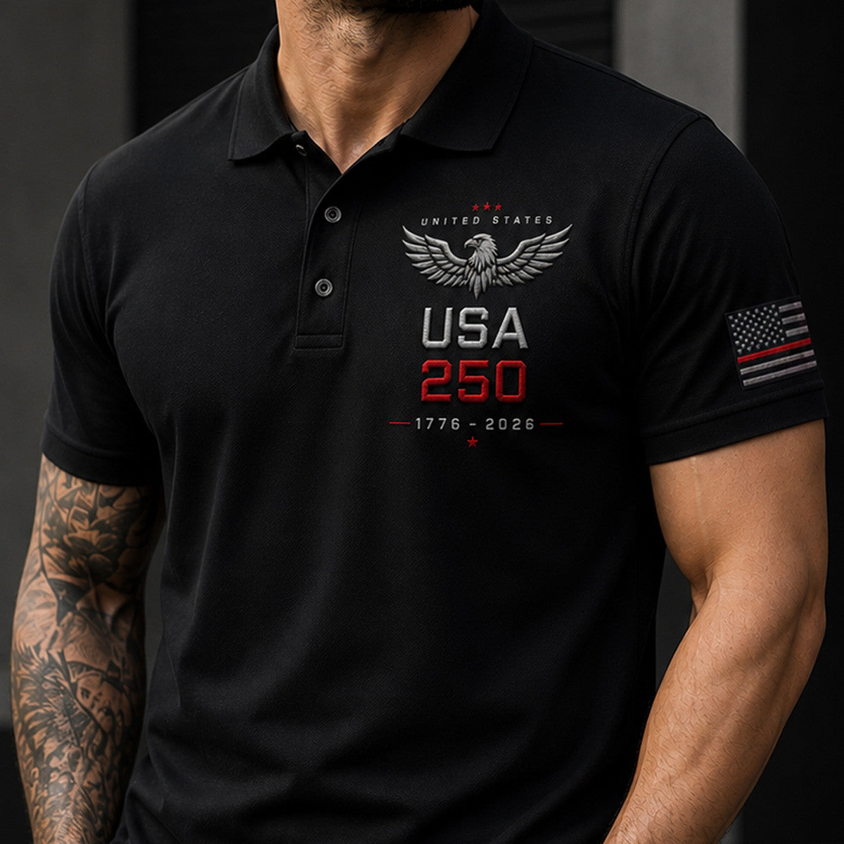 USA 250 Bald Eagle Printed Polo Shirt, American Flag Patriotic Polo, Father’s Day Gift for Dad, Veteran Dad Gift