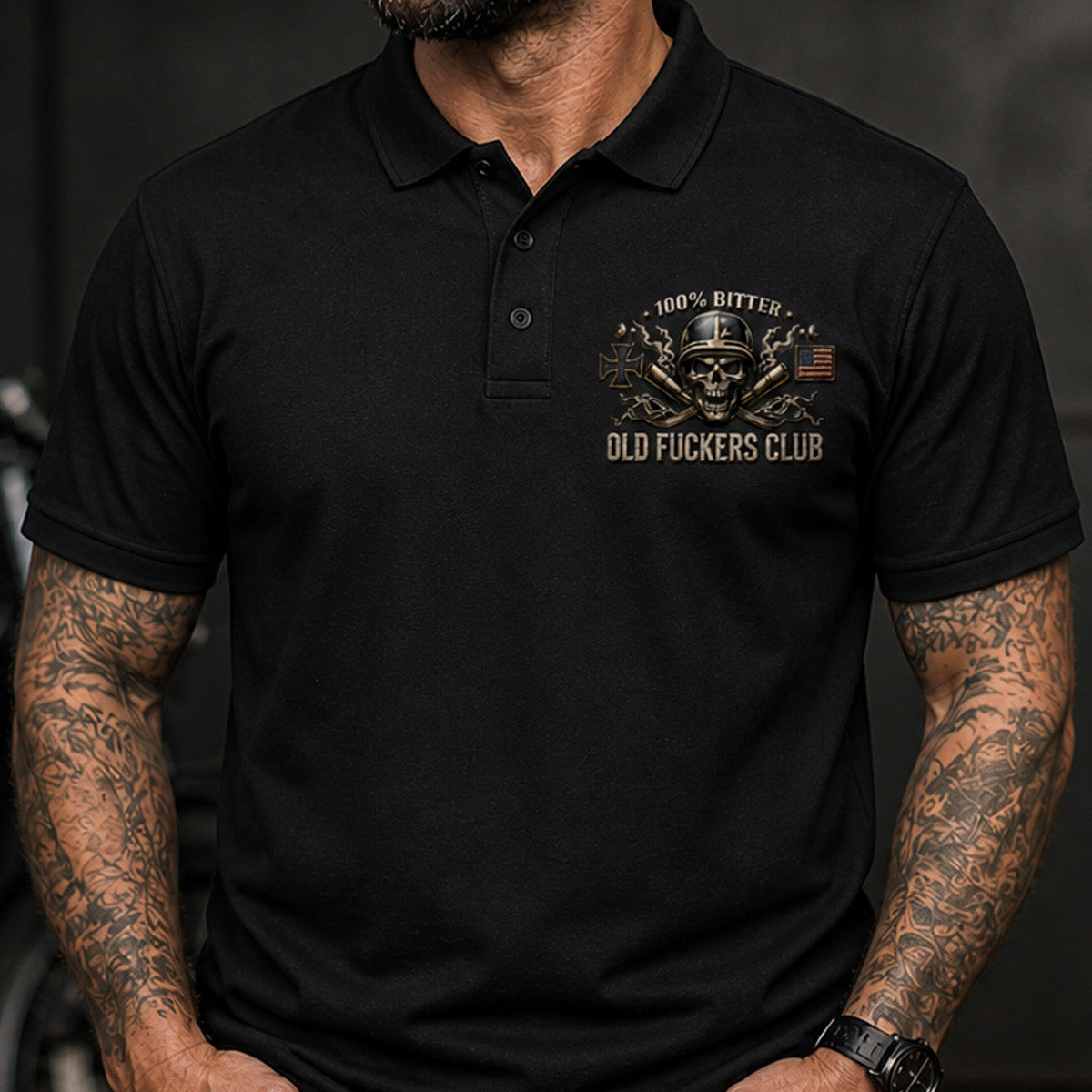 Motorcycle Biker Skull Printed Polo Shirt, Old Fuckers Club Polo, Funny Father’s Day Gift for Dad, Lifetime Member