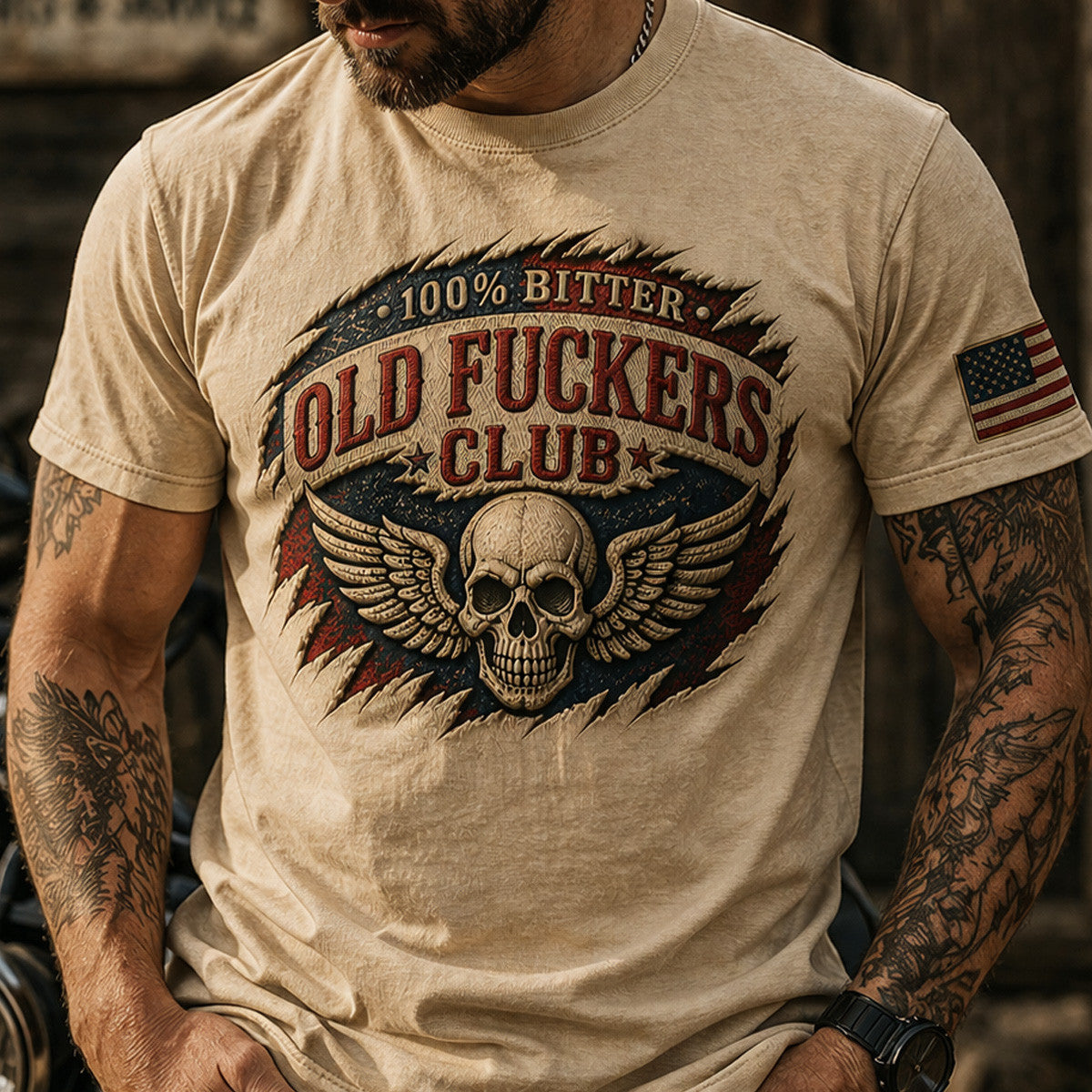 Old Fuckers Club Skull Printed T-Shirt, Biker Shirt, American Flag, Funny Father’s Day Gift for Dad, Motorcycle Dad Gift