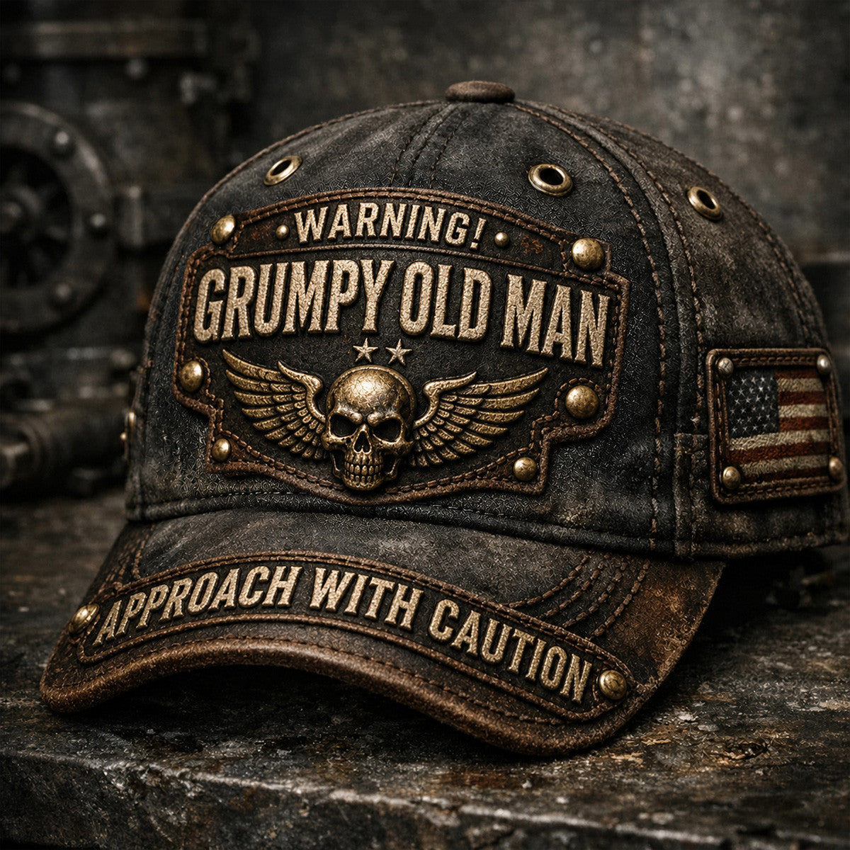 Grumpy Old Man Skull Printed Cap, Funny Dad Hat, Warning Approach With Caution, Father’s Day Gift for Dad