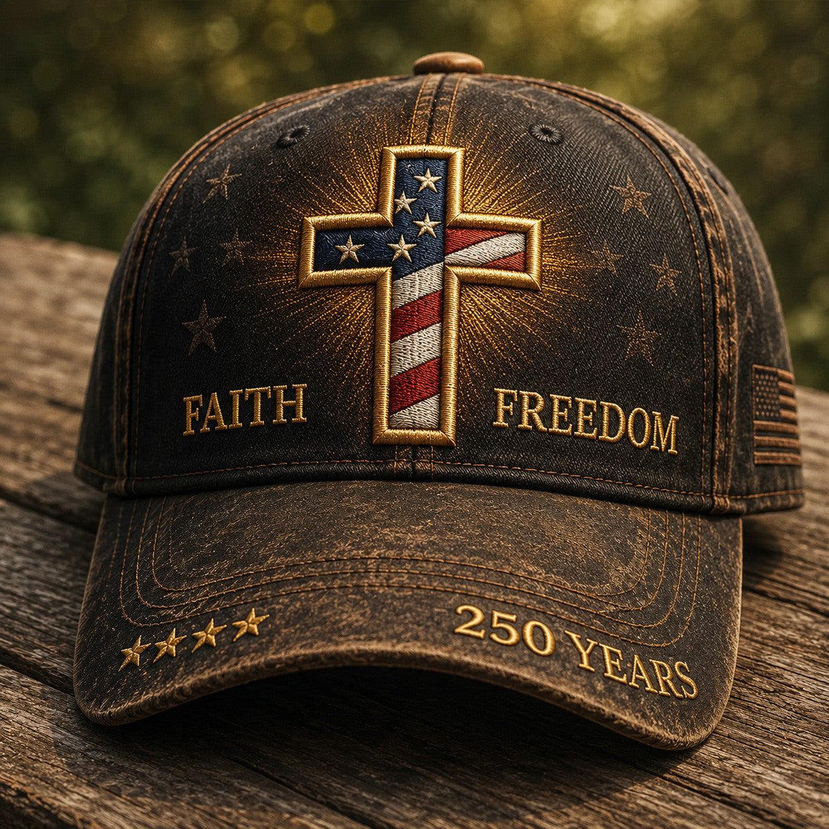 Faith Freedom Cross Printed Cap, USA Flag Patriotic Hat, America 250 Years, Christian Father’s Day Gift for Dad, Veteran Gift
