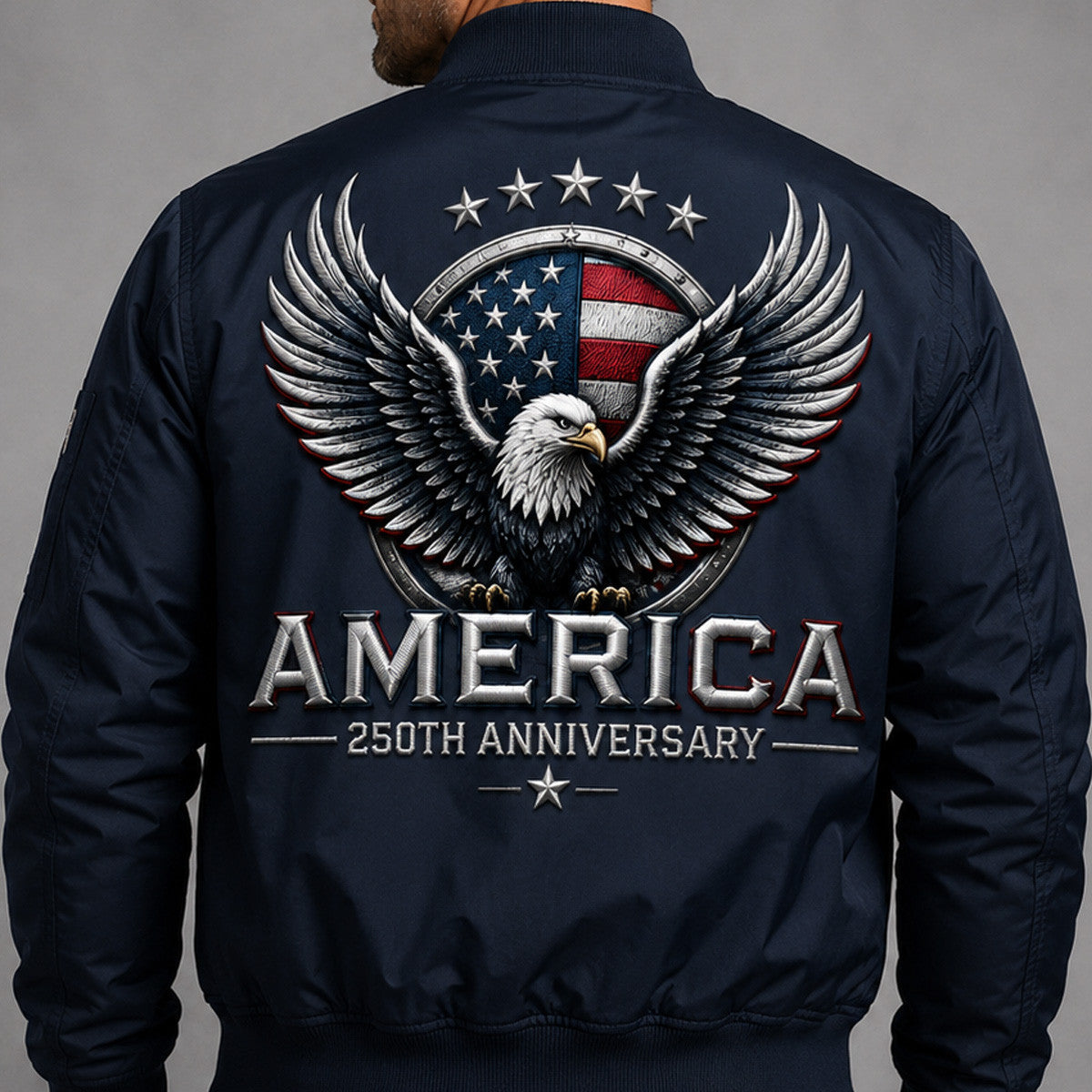 America Eagle Printed Bomber Jacket, USA 250th Anniversary Bomber Jacket, Patriotic American Flag, Father’s Day Gift for Dad, Veteran Gift