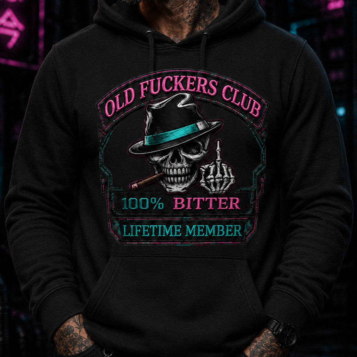 Old Fuckers Club Printed Hoodie, Bitter Lifetime Member Hooded Shirt, Skull Cigar Biker Hoodie, Funny Gift for Dad Grandpa