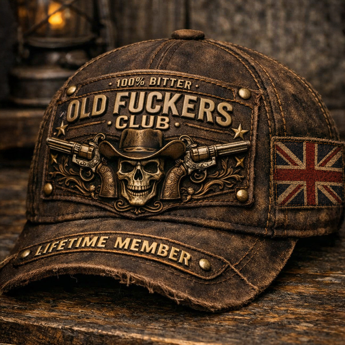 Old Fuckers Club Printed Cap, Bitter Lifetime Member Cowboy Skull Guns UK Flag Hat, Funny Gift for Dad Grandpa