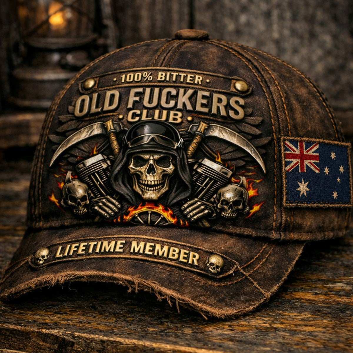 Old Biker Skull Printed Cap, Father’s Day Gift for Dad, Vintage Motorcycle Hat with Australia Flag, Skull Engine Flame Design