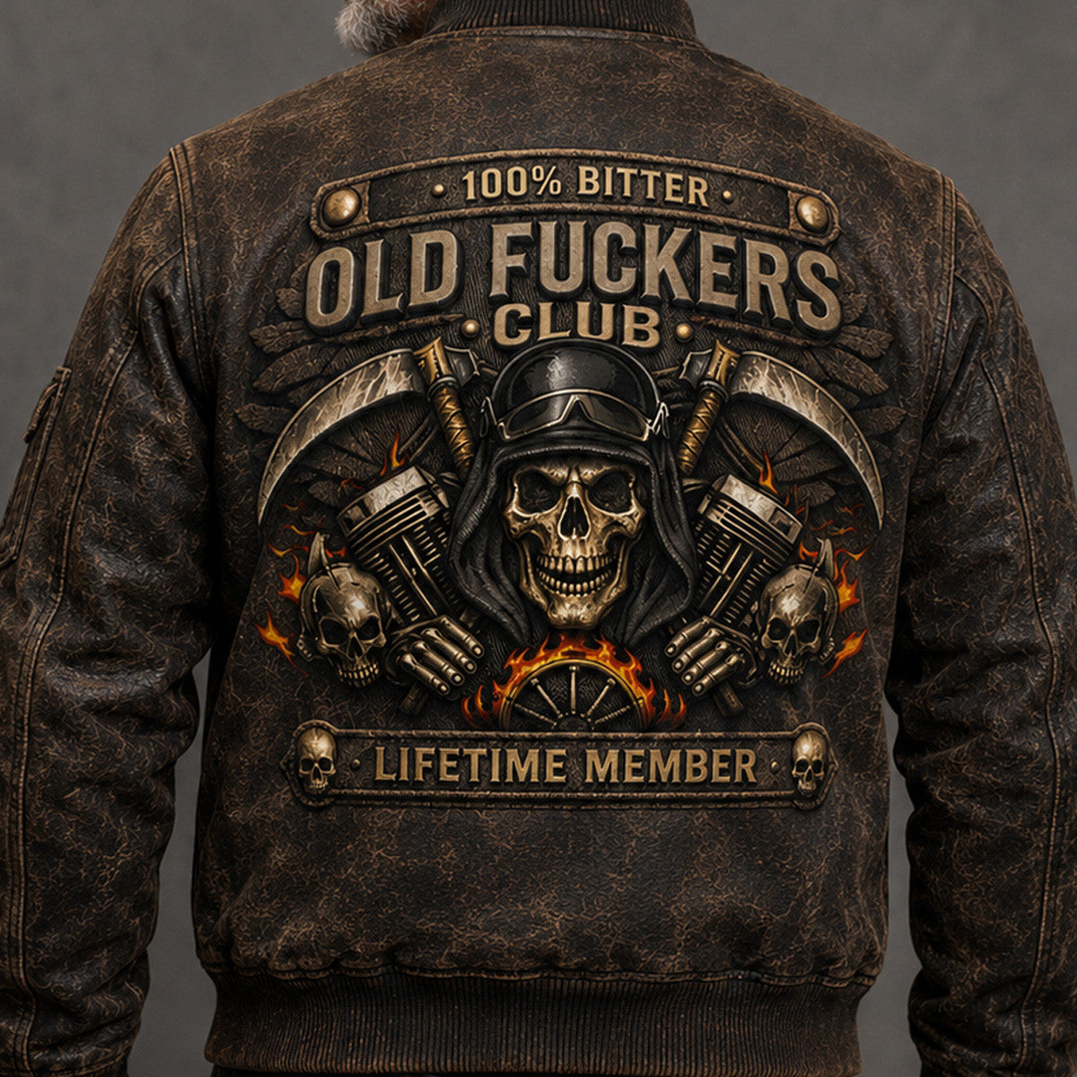 Old Biker Skull Printed Bomber Jacket, Father’s Day Gift for Dad, Vintage Motorcycle Jacket, Skull Engine Flame Back Design