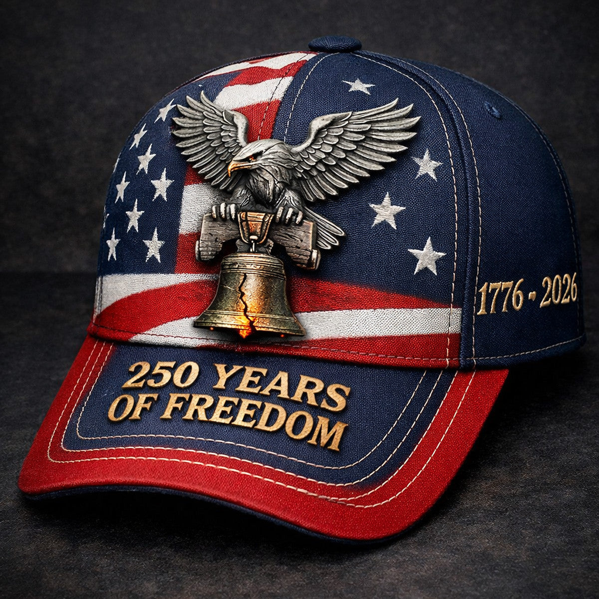 250 Years Of Freedom Printed Cap, Father’s Day Gift for Dad, Patriotic USA Flag Hat with Eagle Liberty Bell Design